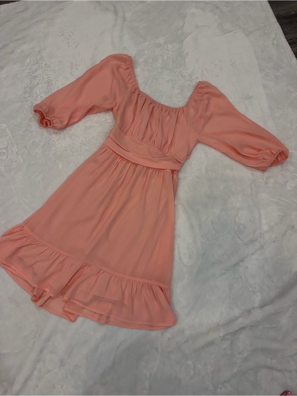 Women's Blush/Peach Puff Sleeve Midi Dress with Ruffle Hem